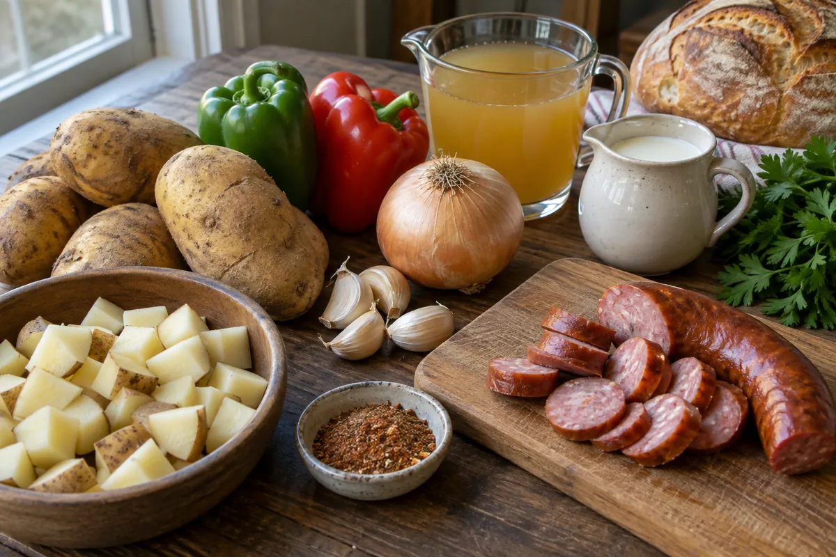 Ingredients for cajun potato soup laid out on a table: potatoes, smoked sausage, bell peppers, onion, garlic, broth, cream and Cajun seasoning