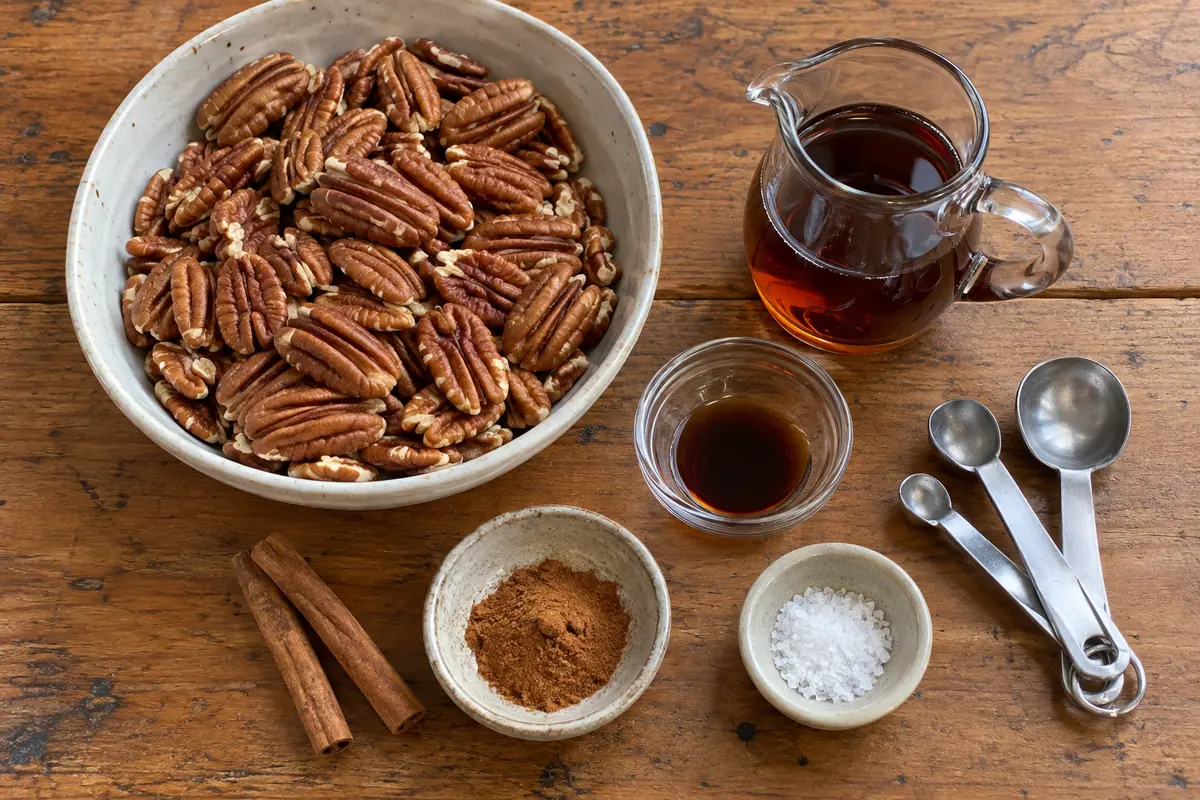 Ingredients for maple vanilla candied pecans: pecans, maple syrup, vanilla, cinnamon and salt