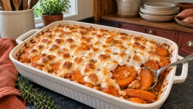 Candied sweet potatoes with toasted mini marshmallows in a baking dish on a kitchen counter