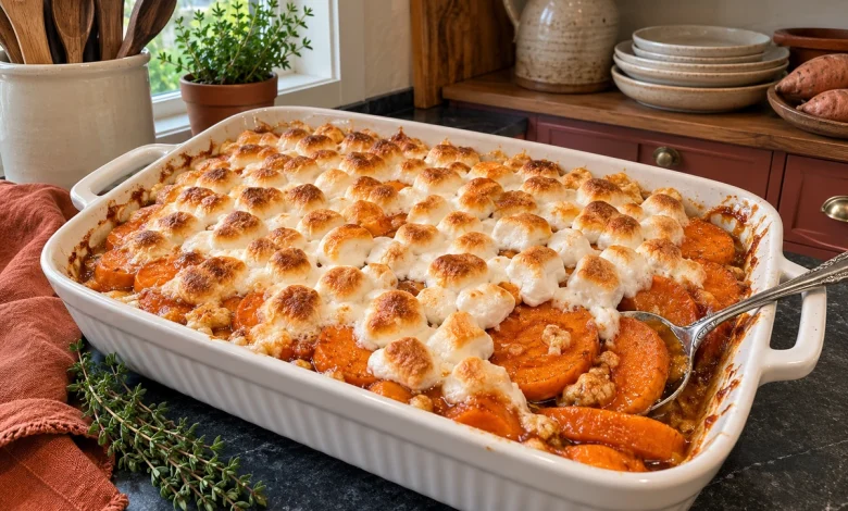 Candied sweet potatoes with toasted mini marshmallows in a baking dish on a kitchen counter