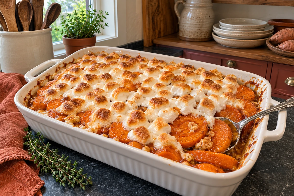 Candied sweet potatoes with toasted mini marshmallows in a baking dish on a kitchen counter