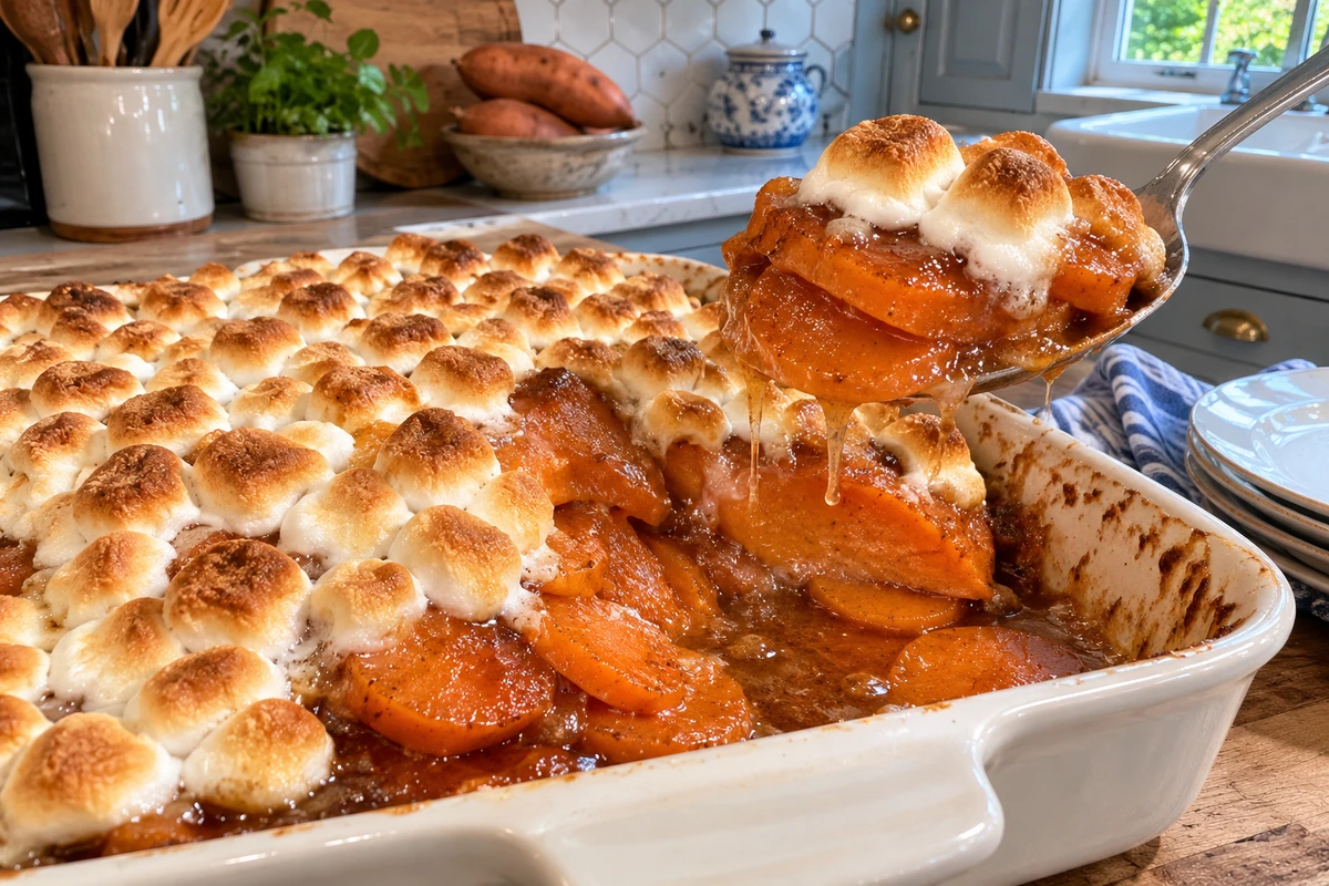 Close-up of a serving spoon lifting candied sweet potato slices in glossy brown sugar butter syrup
