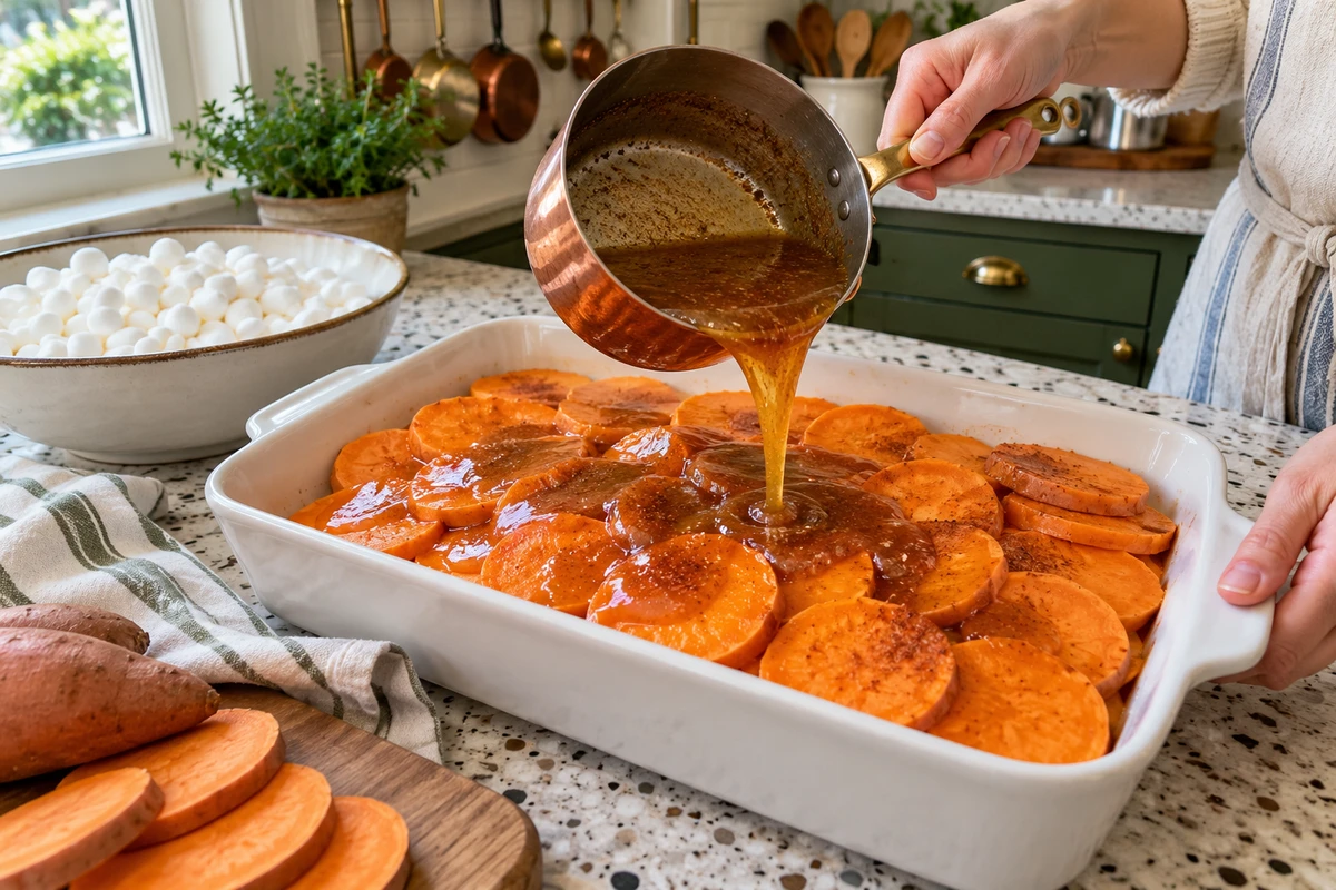 Hands pouring melted butter and brown sugar syrup over raw sweet potato slices in a baking dish