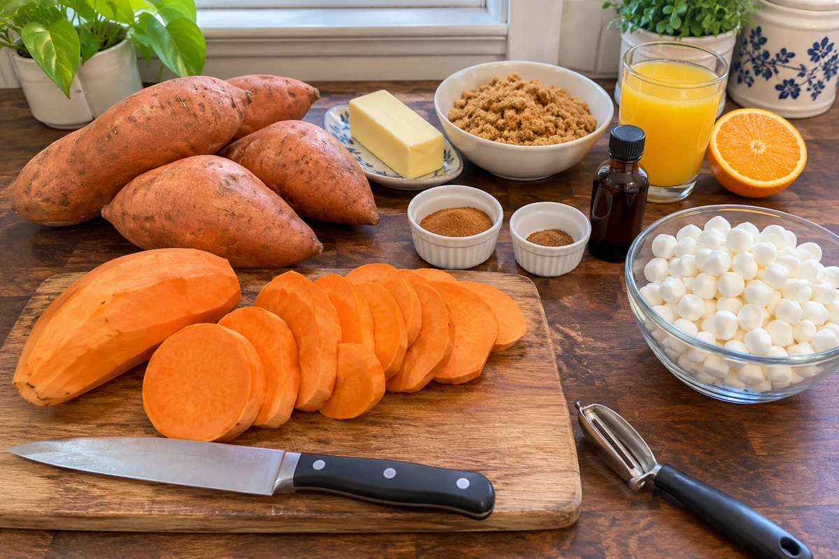 Overhead view of candied sweet potato ingredients with sweet potatoes, butter, brown sugar, spices, vanilla, orange juice and mini marshmallows