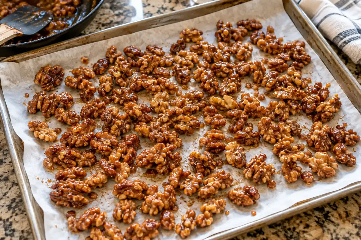 Candied walnuts cooling on parchment paper for harvest apple pear cranberry salad