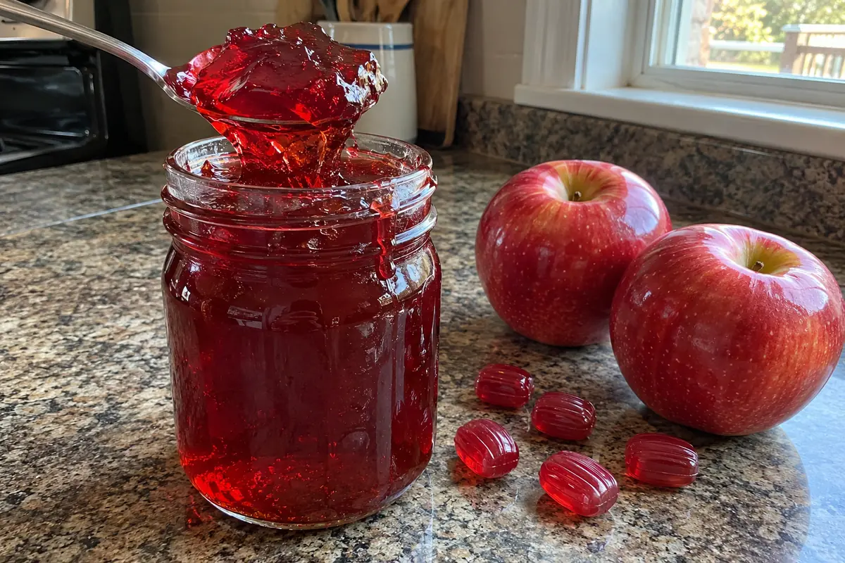 Jar of glossy red candy apple jelly with a spoon on a kitchen counter next to fresh red apples