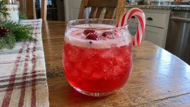 Glass of bright red candy cane Christmas punch over crushed ice with a frothy top and a candy cane hooked on the rim