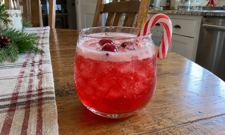 Glass of bright red candy cane Christmas punch over crushed ice with a frothy top and a candy cane hooked on the rim
