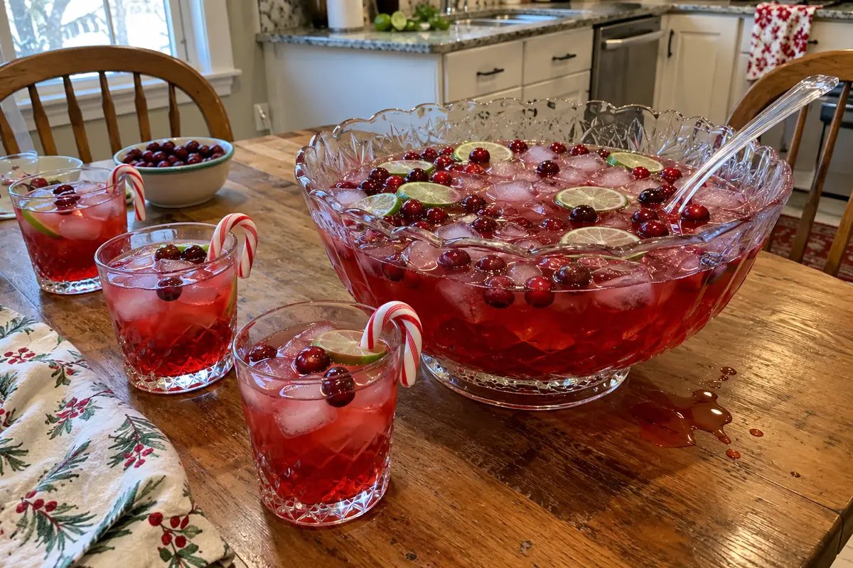 Glass punch bowl of red candy cane Christmas punch with a ladle and glasses around it
