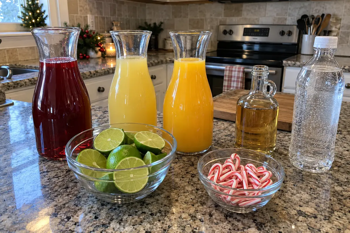 Ingredients for candy cane Christmas punch in plain glass carafes: cranberry, pineapple and orange juice, limes, syrup, soda and mini candy canes