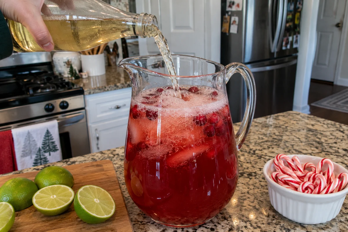 Ginger ale being poured into a pitcher of red cranberry punch, fizzing at the top