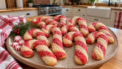 Christmas candy cane cookies with red and white twisted stripes and sparkling sugar on a stoneware platter on a kitchen counter