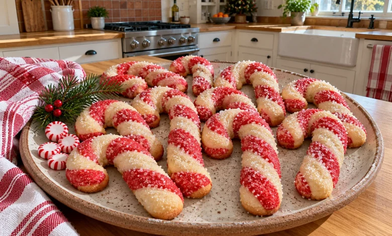 Christmas candy cane cookies with red and white twisted stripes and sparkling sugar on a stoneware platter on a kitchen counter