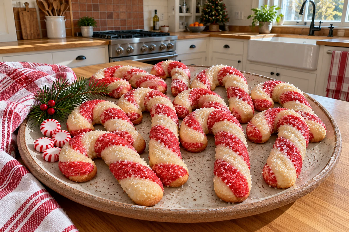 Christmas candy cane cookies with red and white twisted stripes and sparkling sugar on a stoneware platter on a kitchen counter