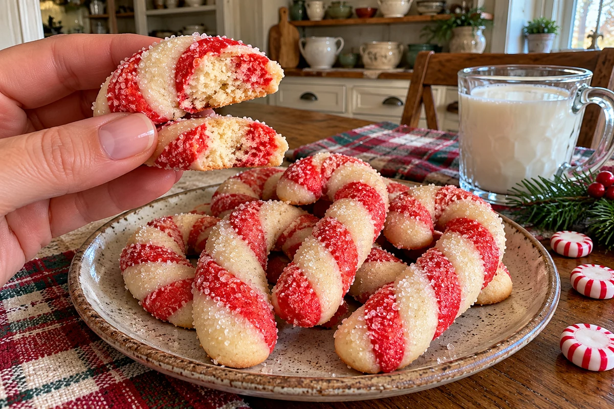 Close-up of a candy cane cookie broken in half showing the tender buttery inside and red and white swirl