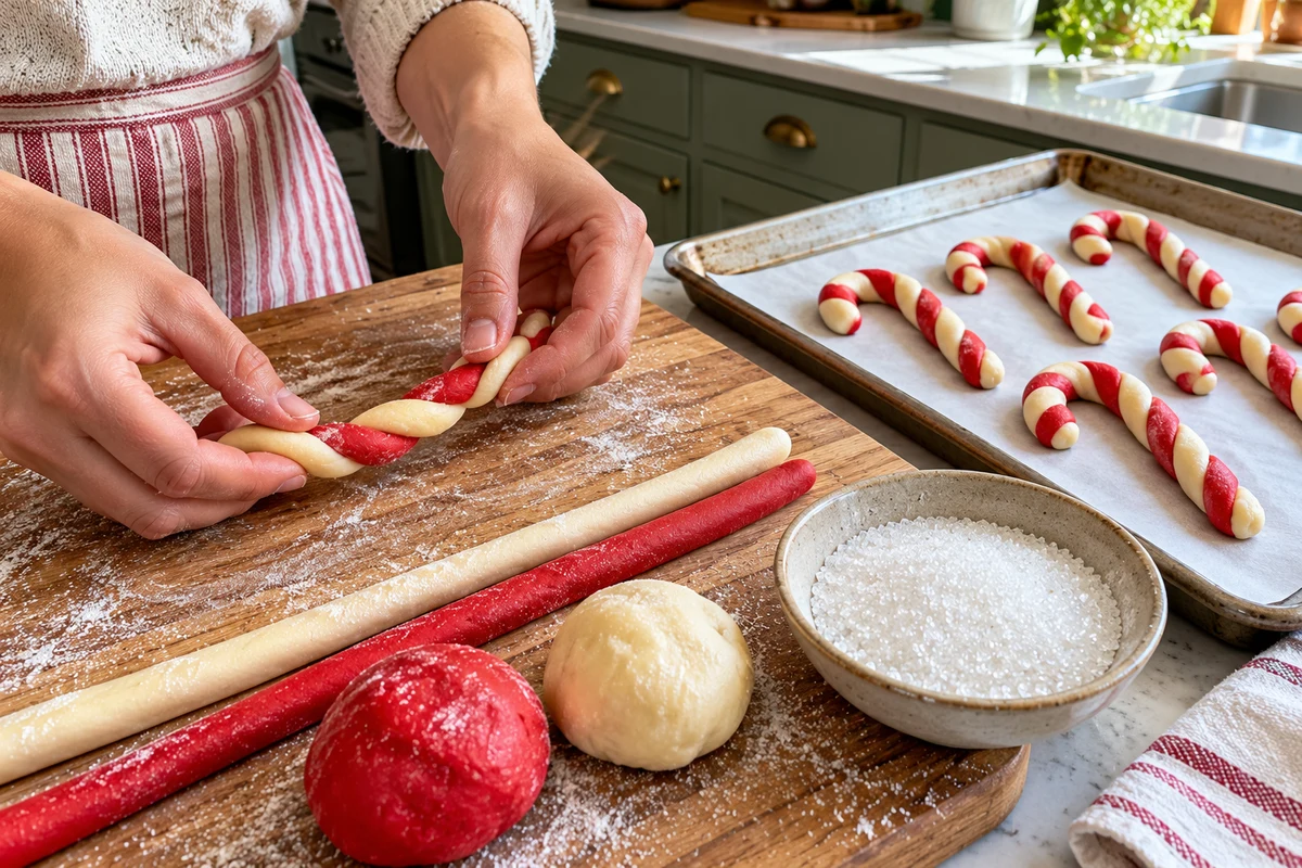 Hands twisting red and white cookie dough ropes into candy cane shapes on a lightly floured board