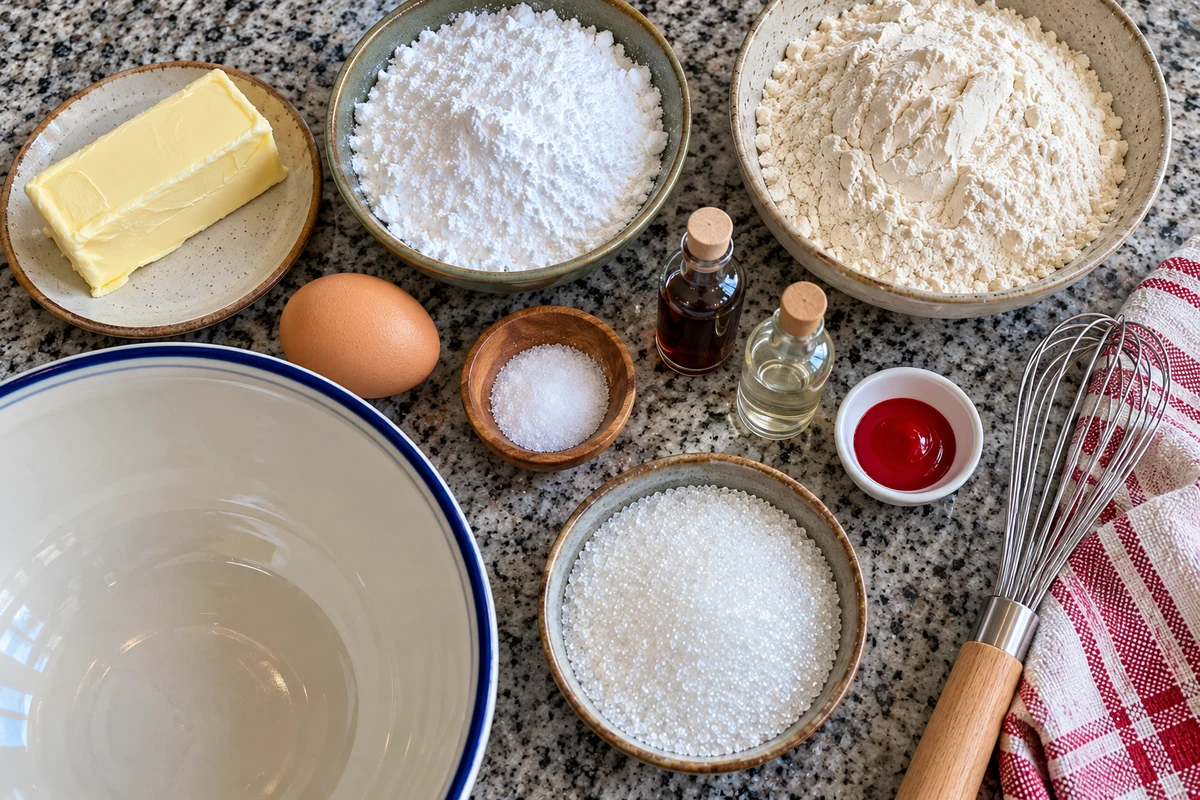 Overhead view of candy cane cookie ingredients with butter, powdered sugar, an egg, flour, salt, vanilla, peppermint extract, red gel coloring and sparkling sugar