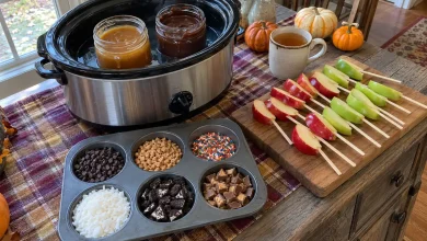 Caramel apple dipping station with jars of warm caramel and chocolate in a slow cooker, apple slices on sticks and a muffin tin of toppings