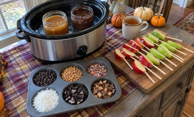 Caramel apple dipping station with jars of warm caramel and chocolate in a slow cooker, apple slices on sticks and a muffin tin of toppings