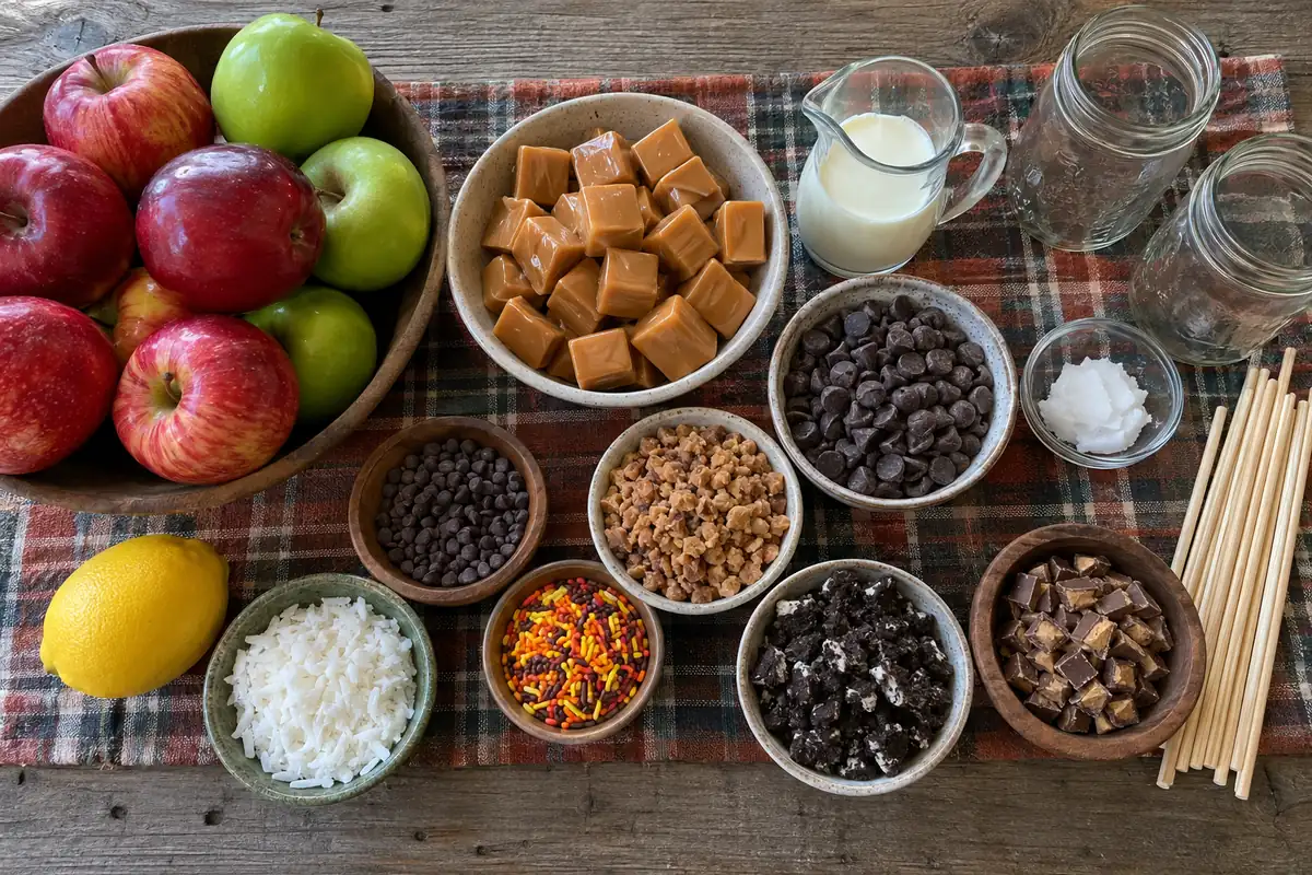 Ingredients for a caramel apple dipping station: apples, caramels, cream, chocolate chips and toppings