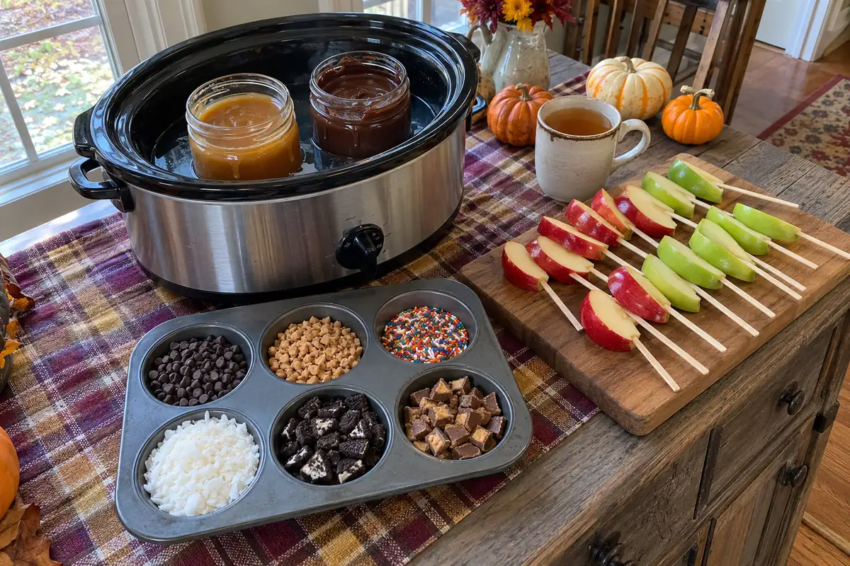 Caramel apple dipping station with jars of warm caramel and chocolate in a slow cooker, apple slices on sticks and a muffin tin of toppings