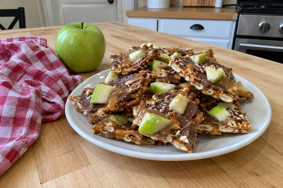 Chunks of caramel apple pretzel bark stacked on a plate