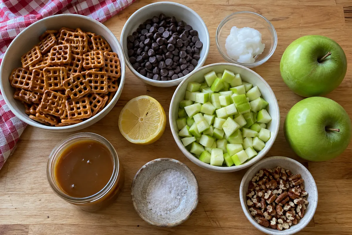 Ingredients for caramel apple pretzel bark: square pretzels, chocolate chips, coconut oil, green apples, lemon, caramel sauce, sea salt and pecans