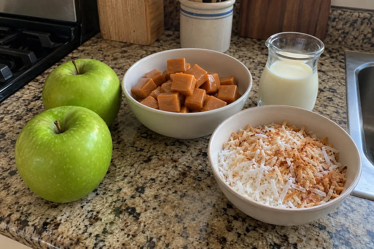 Ingredients for caramel apple rings: Granny Smith apples, soft caramel candies in a plain bowl, heavy cream in a small unlabeled glass and shredded coconut in a bowl