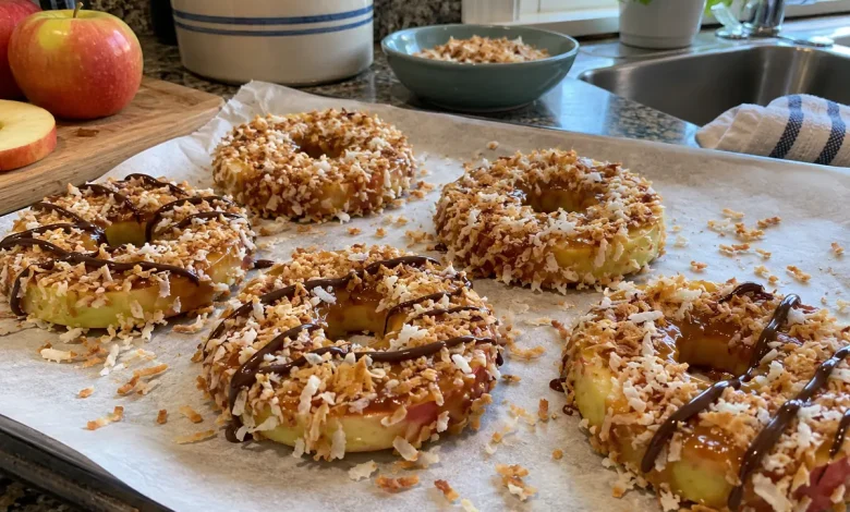 Finished caramel apple rings coated in toasted coconut on parchment, with a light chocolate drizzle
