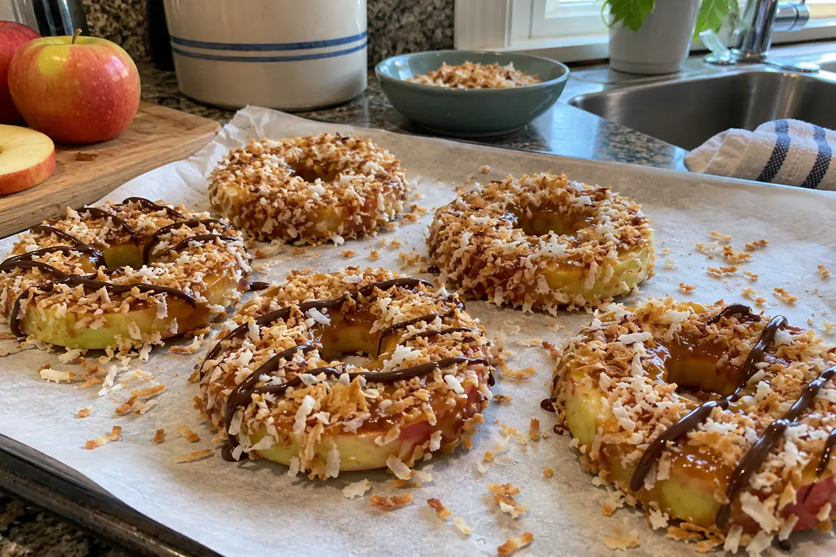 Finished caramel apple rings coated in toasted coconut on parchment, with a light chocolate drizzle