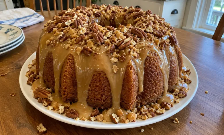 Whole caramel brown sugar pound cake on a white cake plate with caramel glaze dripping down the sides and loaded with chopped pecans and toffee bits