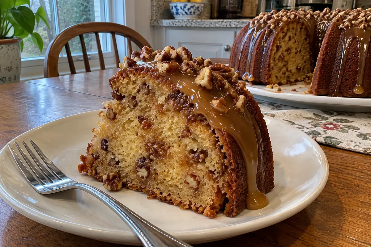 Thick slice of caramel brown sugar pound cake showing the moist crumb with toffee bits and pecans, topped with caramel glaze and a fork beside it