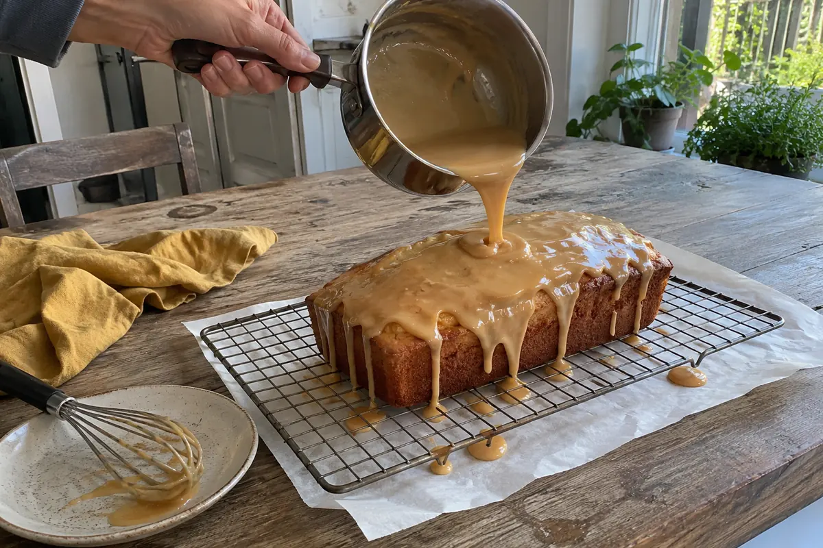 Pouring warm caramel frosting over a cooled sour cream pound cake