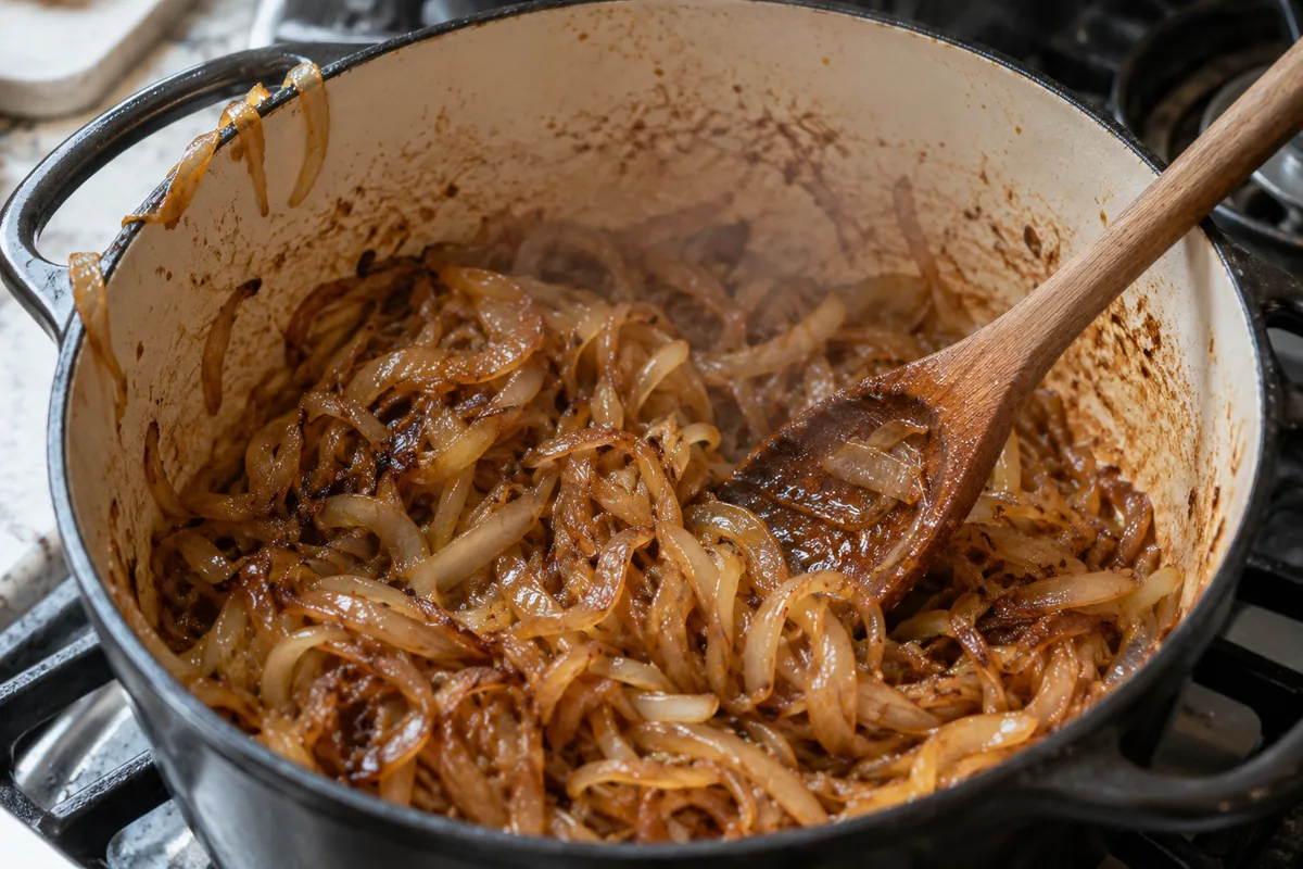 Thinly sliced yellow onions caramelizing to a deep golden brown in a large pot with a wooden spoon