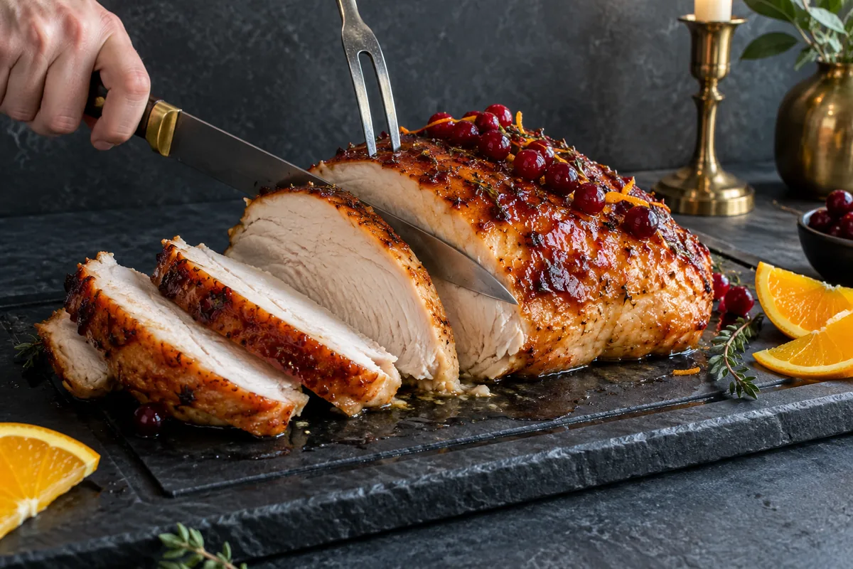 Carving a roasted cranberry orange glazed turkey breast into thick slices with a brass-handled carving knife on a dark slate board
