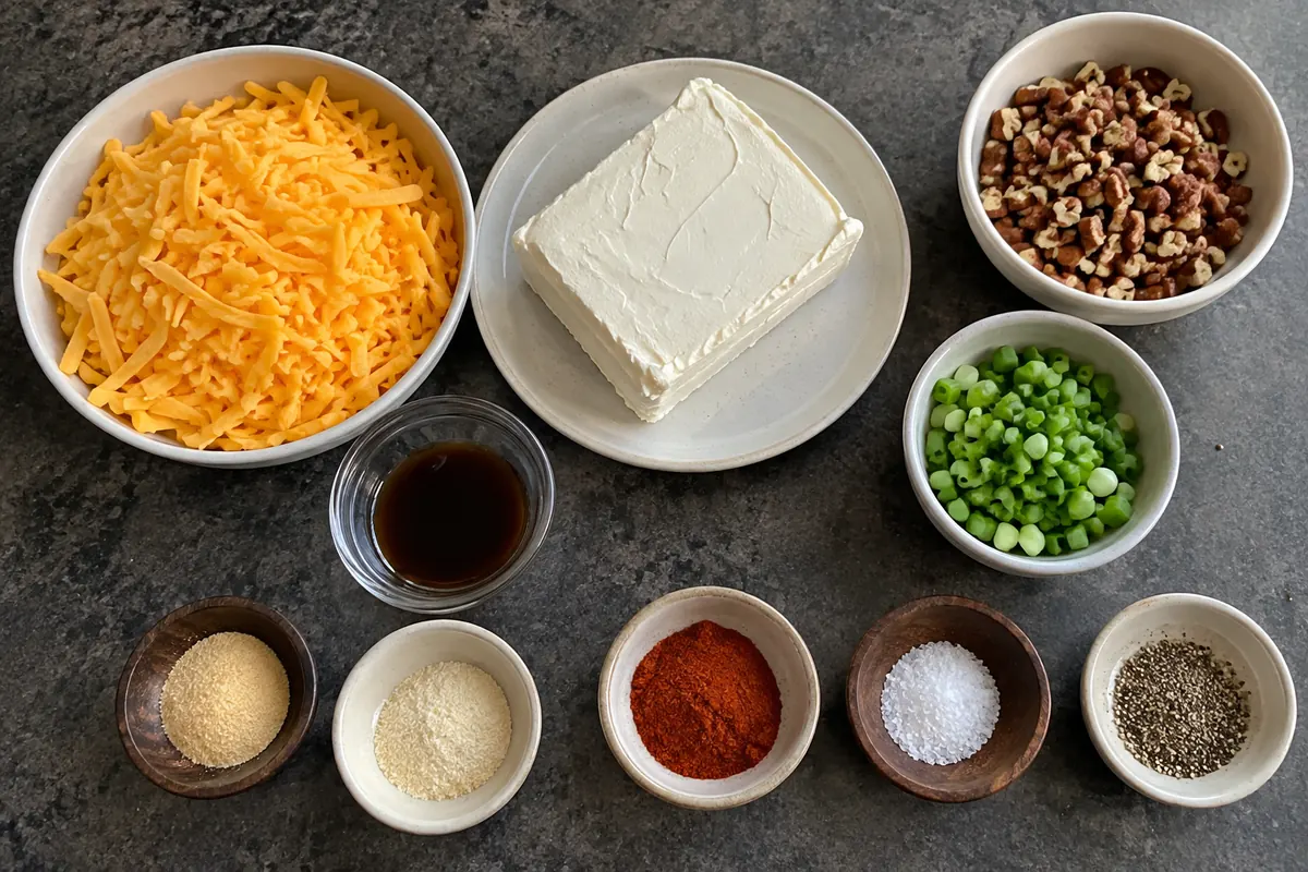 Ingredients for a classic cheese ball: cream cheese, shredded cheddar, green onions, pecans, Worcestershire sauce, garlic powder, onion powder, paprika, salt and pepper