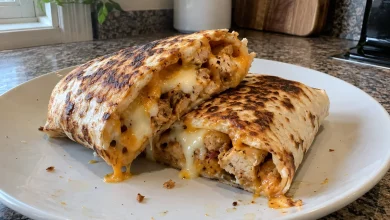 Stacked halves of toasted cheesy garlic chicken wraps with golden charred tortillas and melted cheese on a plate