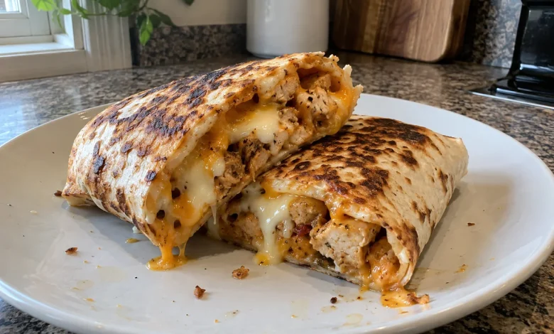 Stacked halves of toasted cheesy garlic chicken wraps with golden charred tortillas and melted cheese on a plate