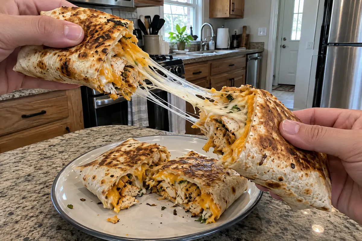 Pulling a cheesy garlic chicken wrap apart to show a long melted cheese pull