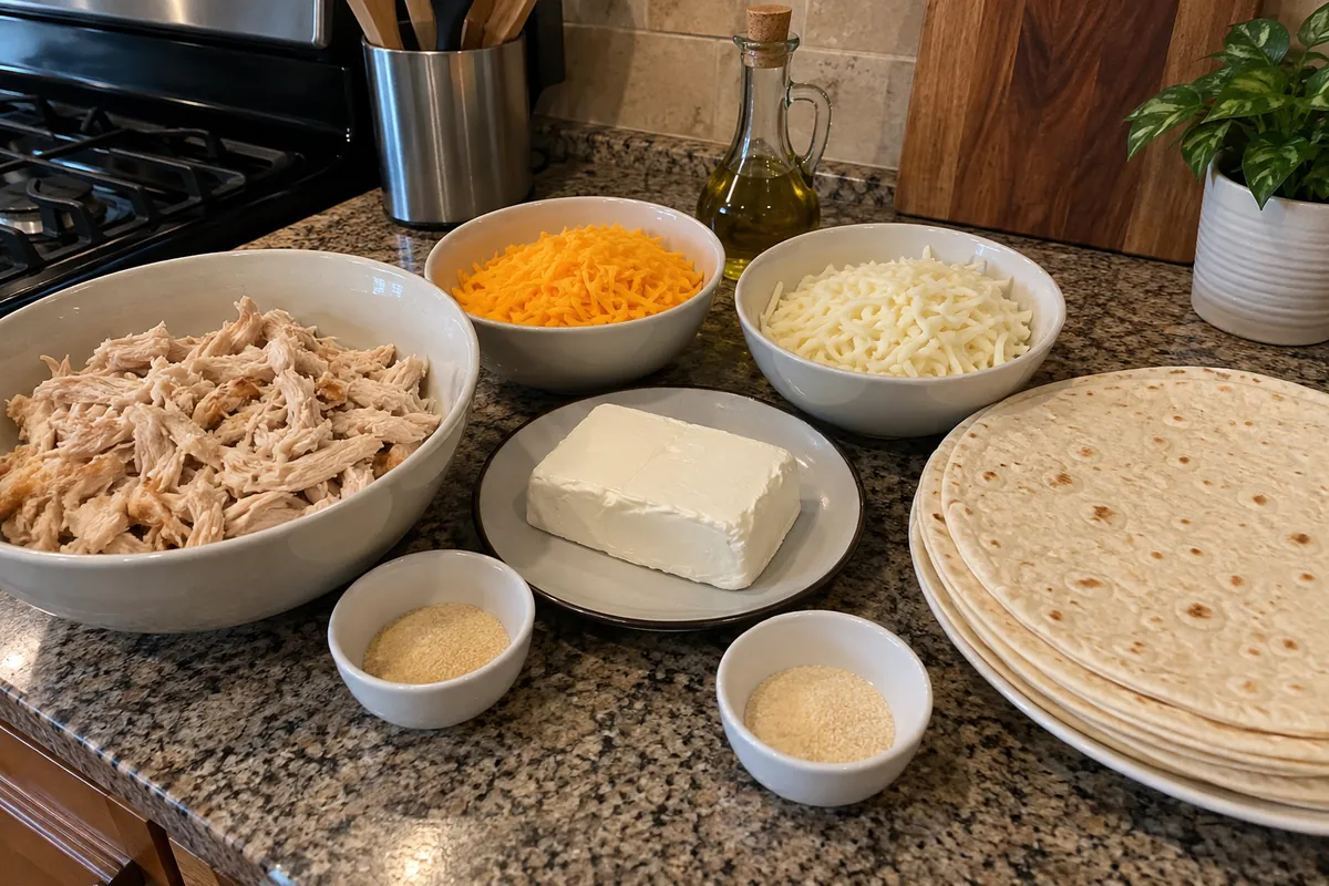 Ingredients for cheesy garlic chicken wraps: shredded chicken, cream cheese, cheddar, mozzarella, garlic powder, onion powder, olive oil and flour tortillas