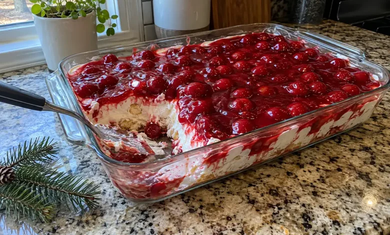 A 9x13 glass dish of cherries in the snow with a glossy cherry topping and a corner scooped out showing the white creamy angel food cake layer