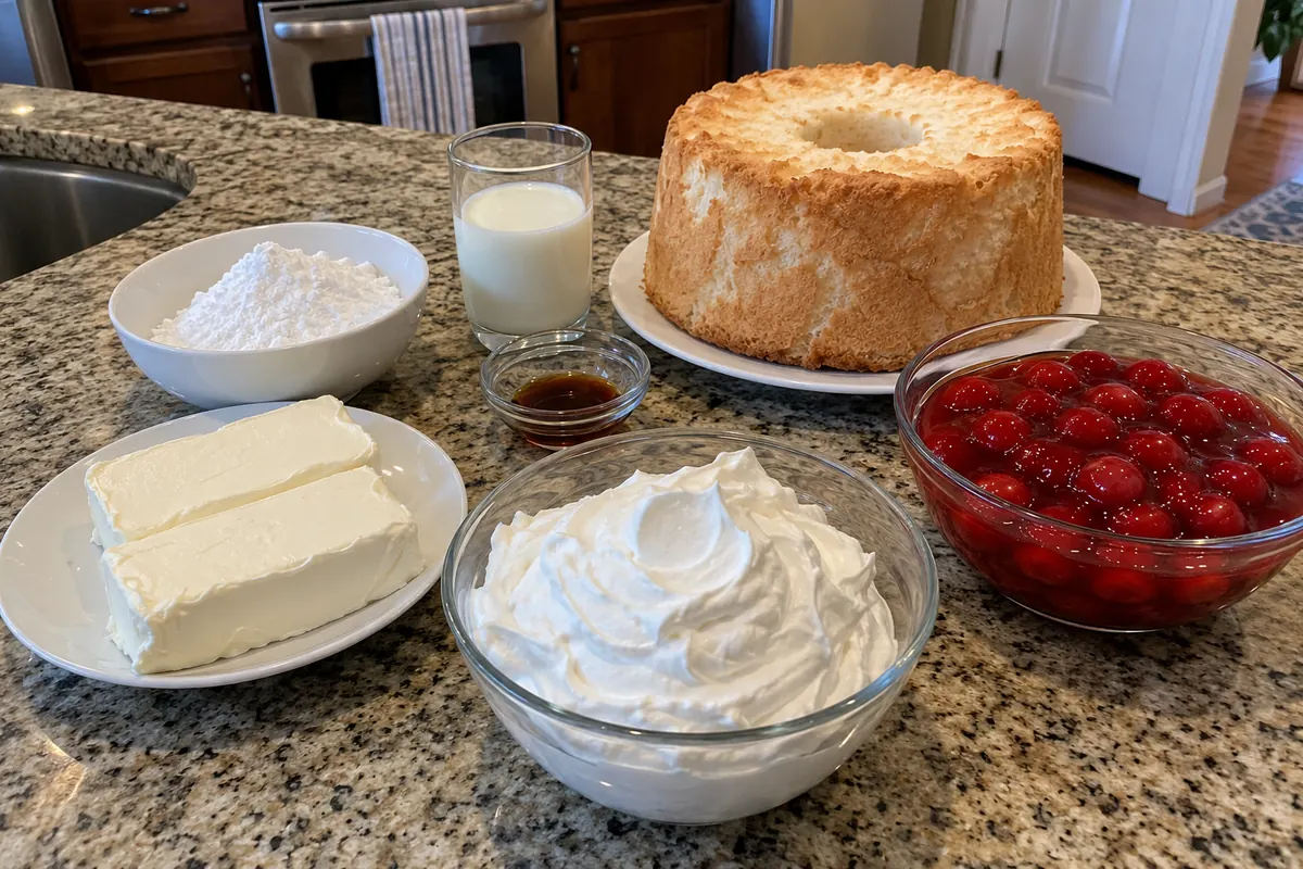 Ingredients for cherries in the snow: cream cheese, powdered sugar, milk, vanilla, whipped topping, angel food cake and cherry pie filling