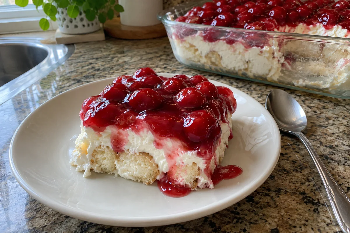 A square serving of cherries in the snow on a small plate with a spoon, showing a fluffy white cream and cake layer under thick cherry topping