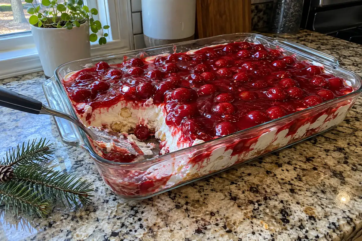 A 9x13 glass dish of cherries in the snow with a glossy cherry topping and a corner scooped out showing the white creamy angel food cake layer