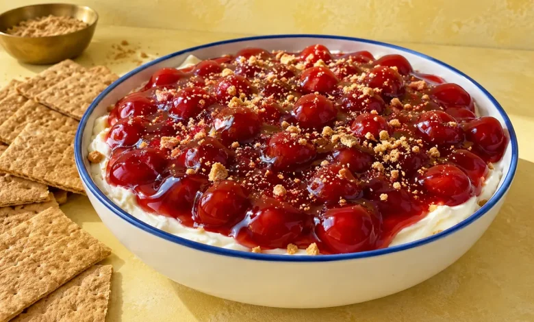 No-bake cherry cheesecake dip topped with glossy cherry pie filling in a round blue-rimmed stoneware dish with graham crackers on a butter-yellow plaster backdrop