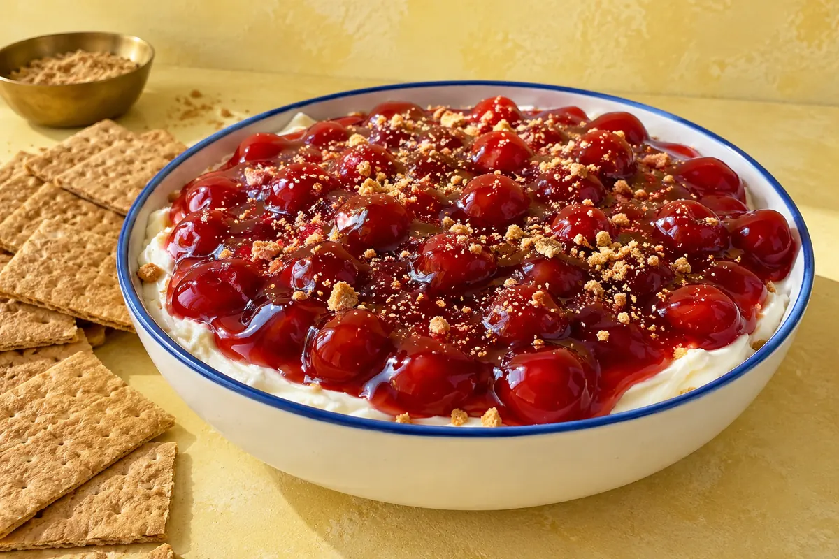 No-bake cherry cheesecake dip topped with glossy cherry pie filling in a round blue-rimmed stoneware dish with graham crackers on a butter-yellow plaster backdrop