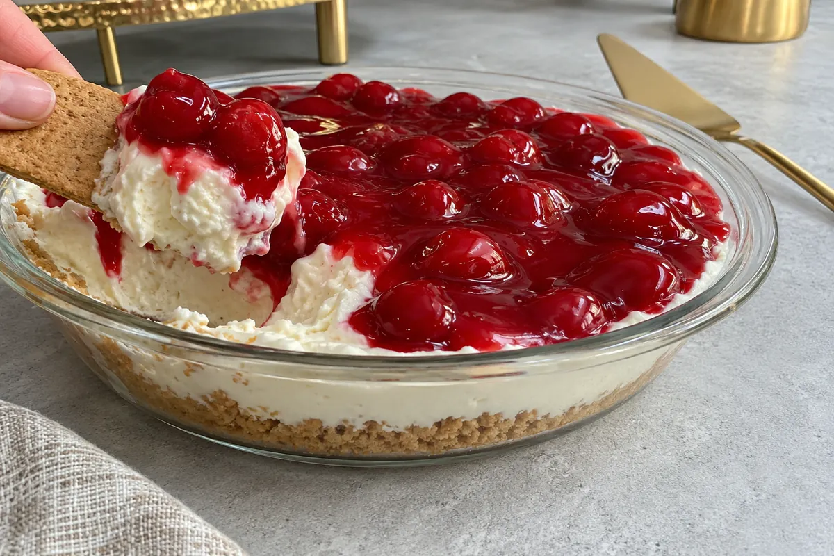 A graham cracker scooping a bite of no-bake cherry cheesecake dip from a glass pie dish on light gray concrete with brass accents