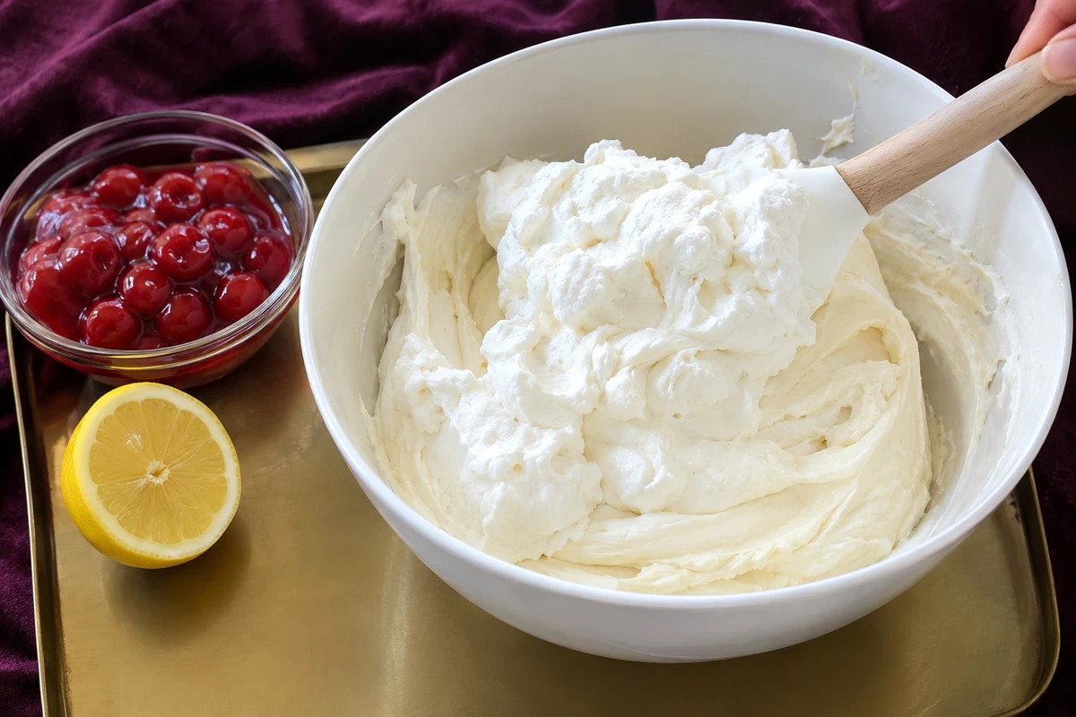 Folding whipped topping into the cream cheese mixture for cherry cheesecake dip in a ceramic bowl on plum velvet
