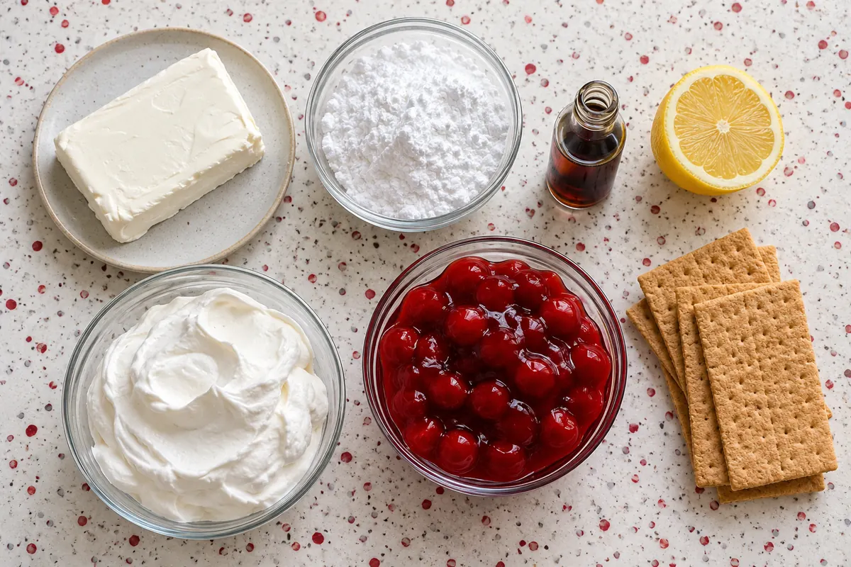 Ingredients for no-bake cherry cheesecake dip: cream cheese, powdered sugar, vanilla, lemon, whipped topping, cherry pie filling and graham crackers on white terrazzo with red chips