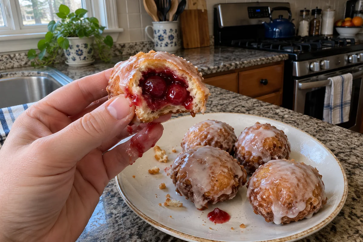 Hand holding a bitten cherry pie bomb showing the cherry filling inside